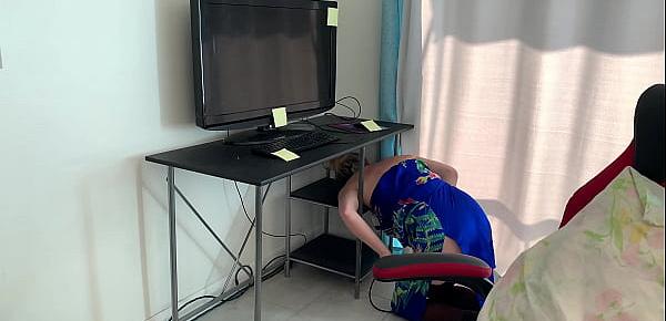  Stepmom gets stuck in a desk and stepson fucks her